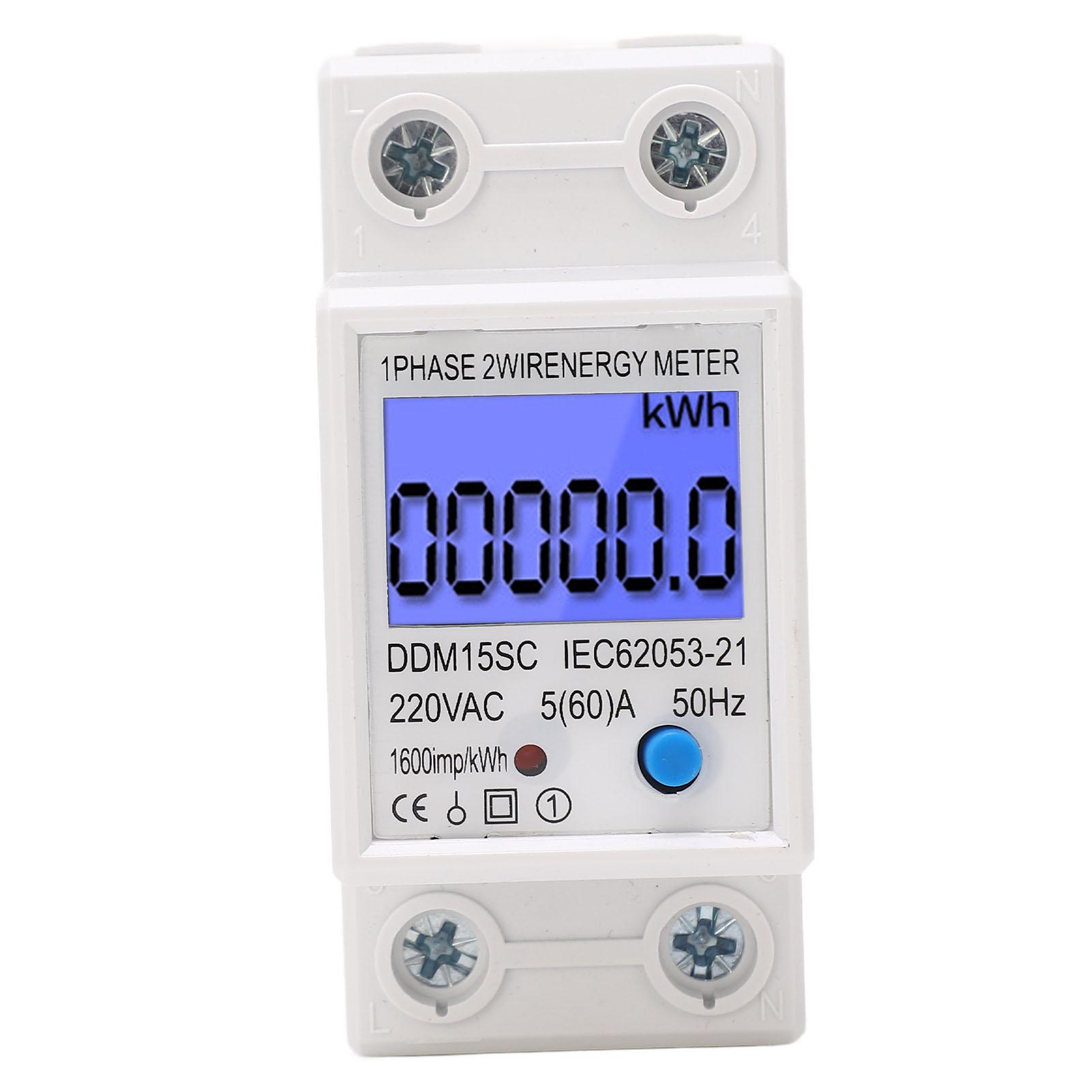 

LCD Digital Energy Meter Single Phase 2P Electricity Usage Monitor DIN Rail Electric Tester 5A