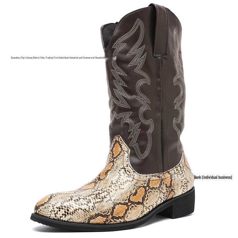 Men's Mid-Calf Snake Print Leather Western Cowboy Boots