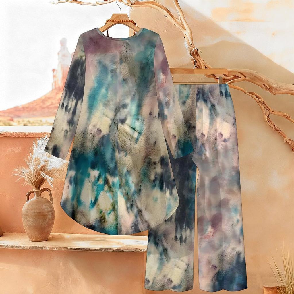 Floral Print Print Two Piece Outfit Women Long Sleeve Irregular Hem Tunic Top Wide Leg Pants Casual Matching Set