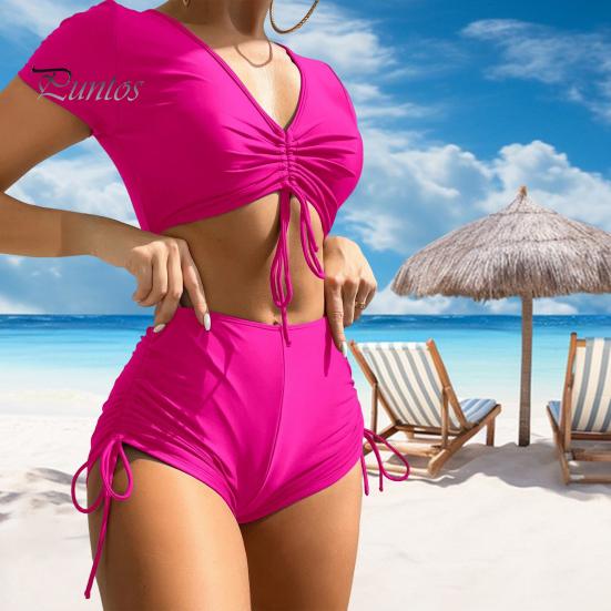 Sexy Bikini 2Pcs/Set Women Summer Set V-Neck Short Sleeve Tops High Bow Tie Swimsuit Waist Drawstring Swimming Trunks Solid Color Quick Drying