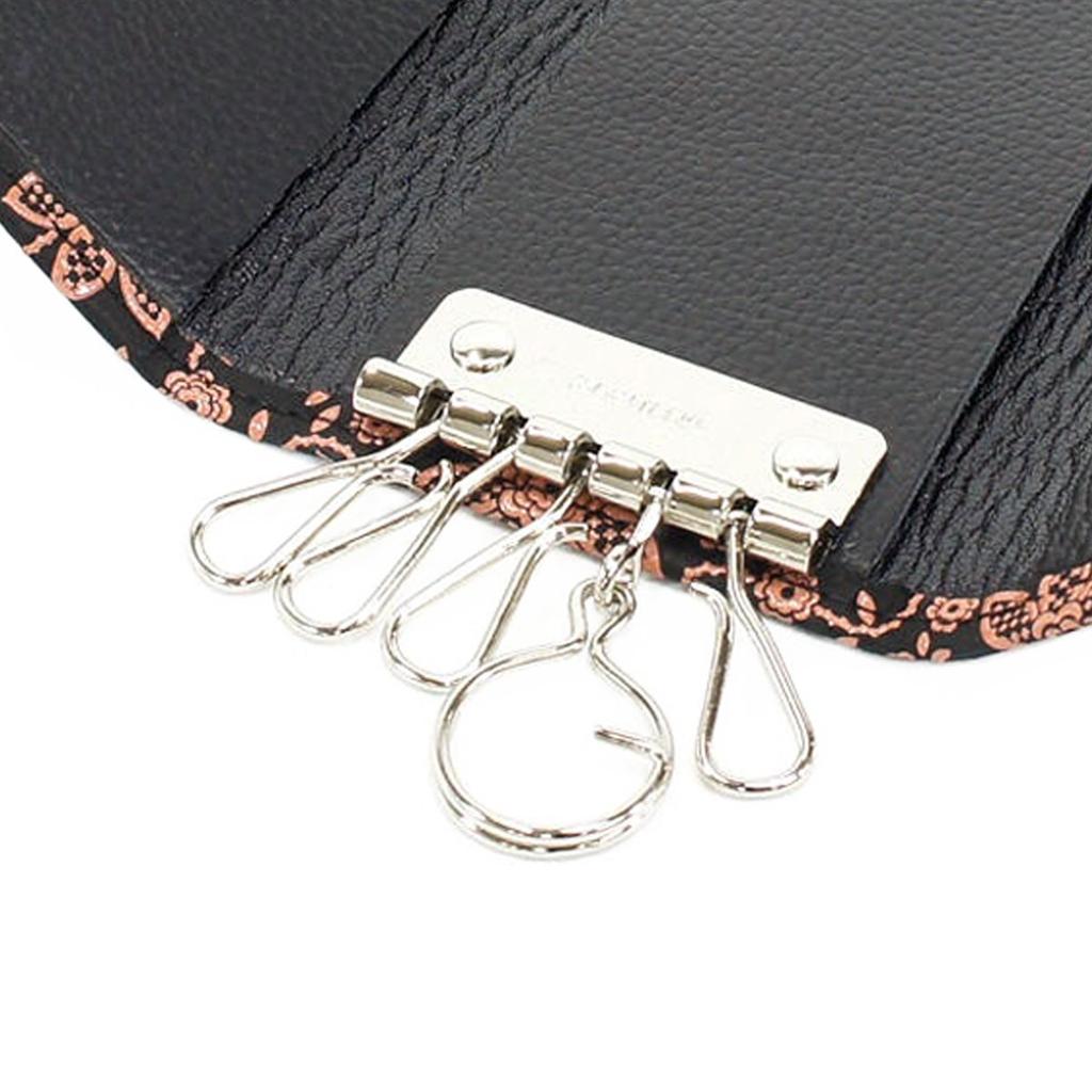 Indenya Inden Key Case C, Deerskin, Black with Pink Lacquer, Clematis Pattern, 4704-51-169