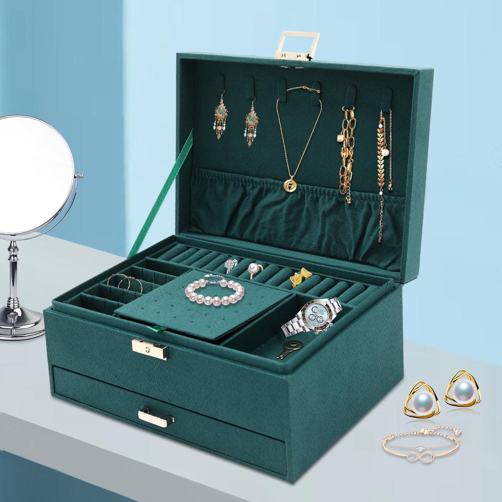 Bymaocar Dark Green 3 Layers Jewelry Box Organizer Large Capacity Women / Girls Earring Necklace Storage Birthday/holiday Gift