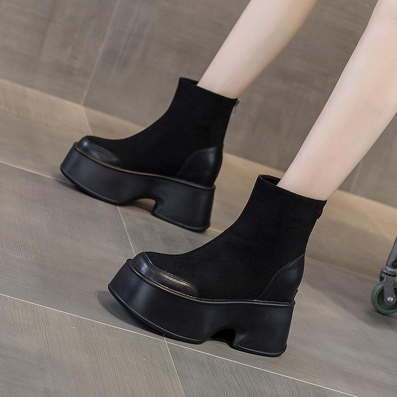 Martin boots women's 2025 new thick heel thin short boots women's thick sole inner height increased by 12 cm super high heel leather boots women