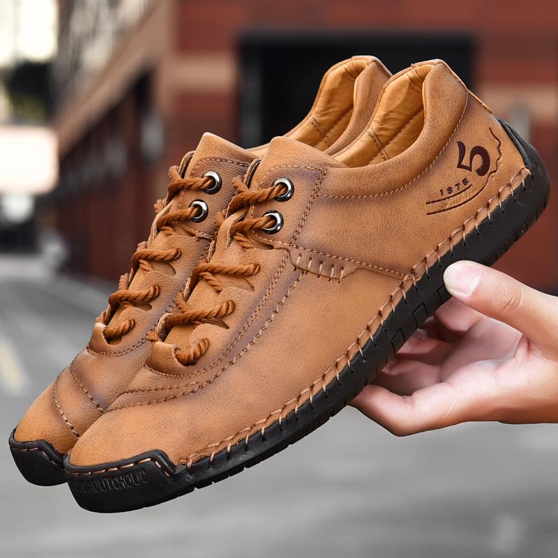 2026 New Men's Handmade Stitched Sole Derby Shoes Business Casual Leather Lace-Up Oxfords Breathable Comfortable Formal Shoes