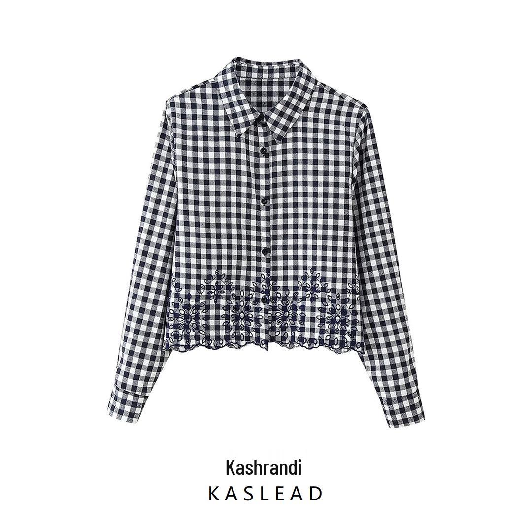 

2025 Spring Women’s European & American Style Embroidered Plaid Shirt S