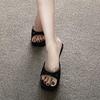 Sexy leopard print high-heeled slippers square head high-heeled sandals new word with thick heels high heels women's summer wear