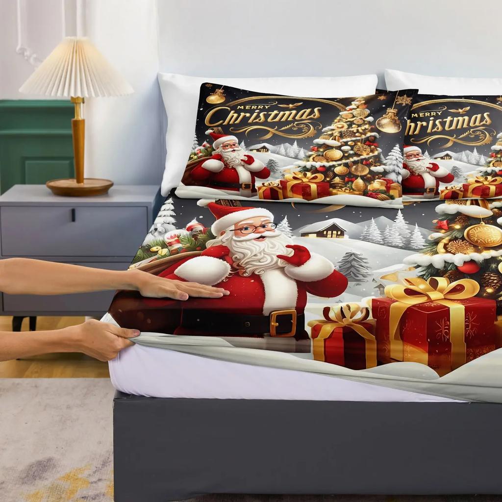 3pcs 85G July Polyester and Nylon Gorgeous Christmas Moon Color, Tree and Santa Digital Fitted Sheet Set, Soft, Comfortable, Bed