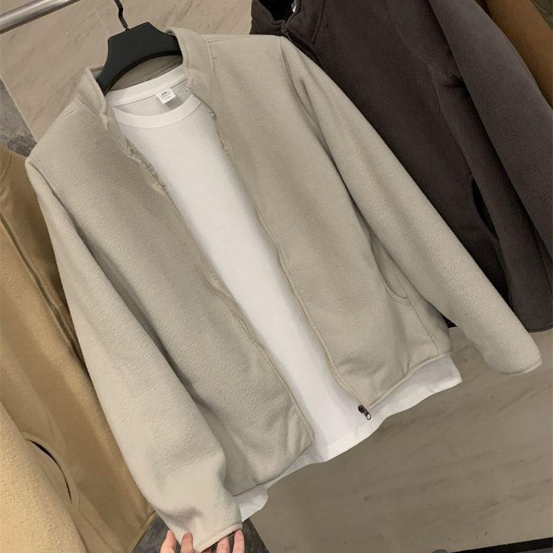 

Cozy Stand-Up Collar Fleece Jacket with Faux Lamb s Wool - Trendy Spring/Summer Style for Men Medium