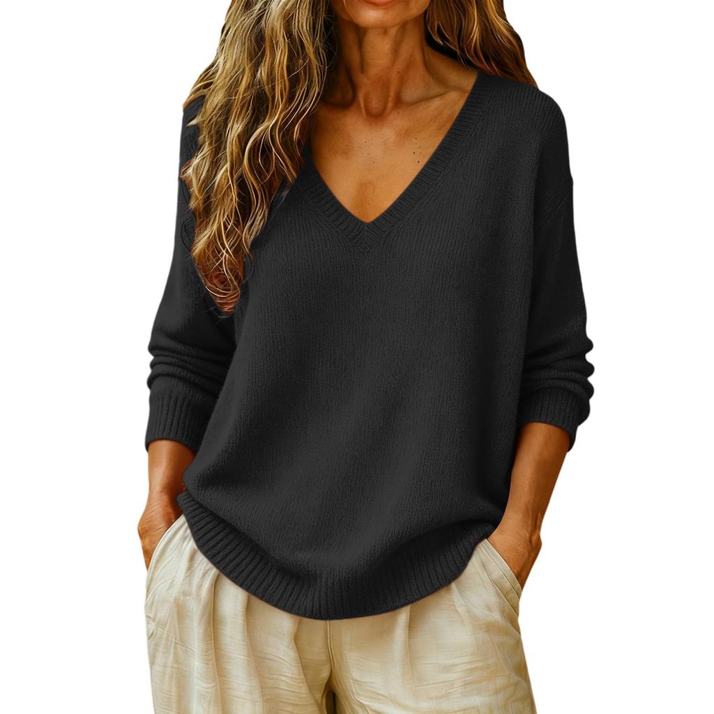 Women's Casual V-Neck Sweater Long Sleeve Loose Fit Color Knit Top