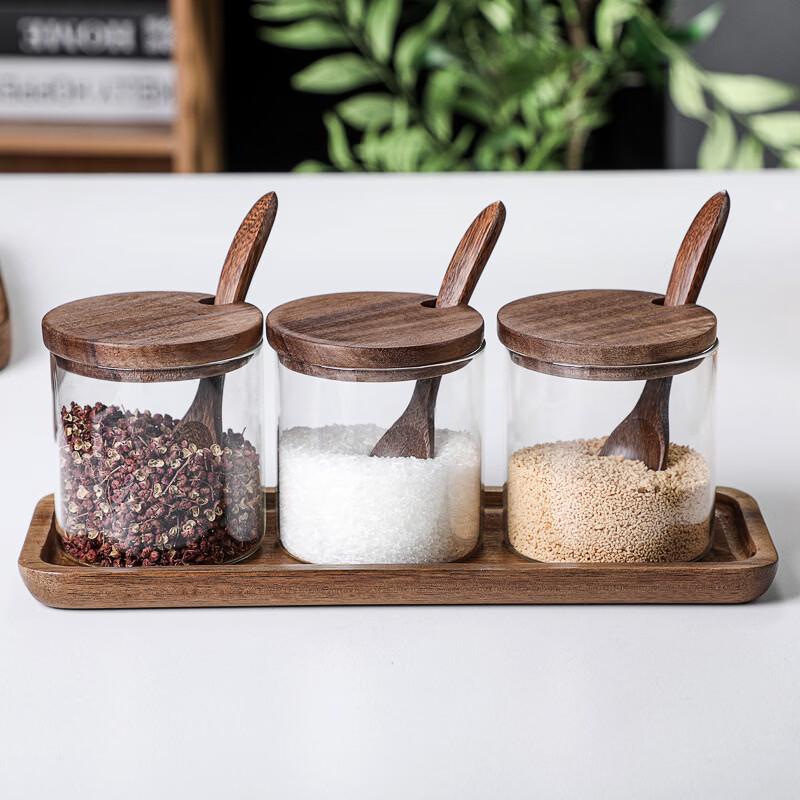 Glass Seasoning Jar Set with Acacia Wood Lid & Spoon