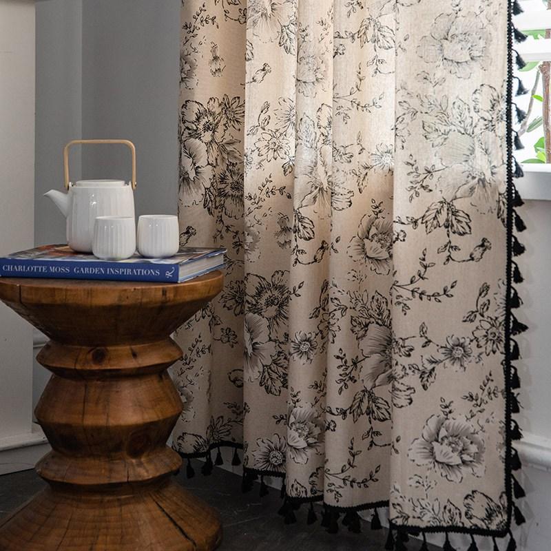 Cotton Linen American Floral Blackout Window Curtains with Tassel for Bedroom Kitchen Curtains Country Style Living Room Curtain