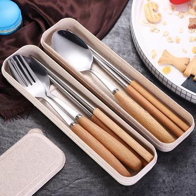 Wooden Handle Stainless Steel Tableware Three-piece Set Chopsticks Fork Spoon Students Outdoor Travel Gift Tableware Set
