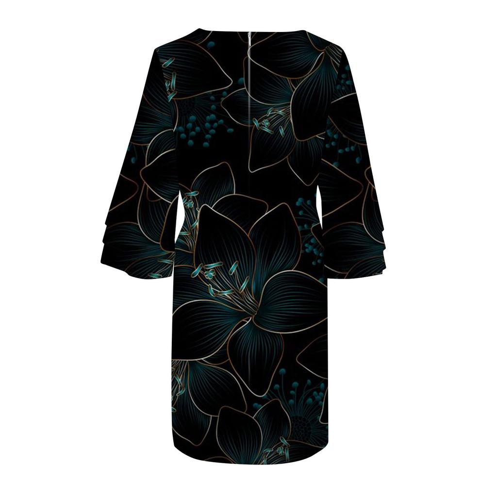 Women's Fashion Summer Temperament Elegant Fresh Printed V-Neck 3/4 Sleeves Dress