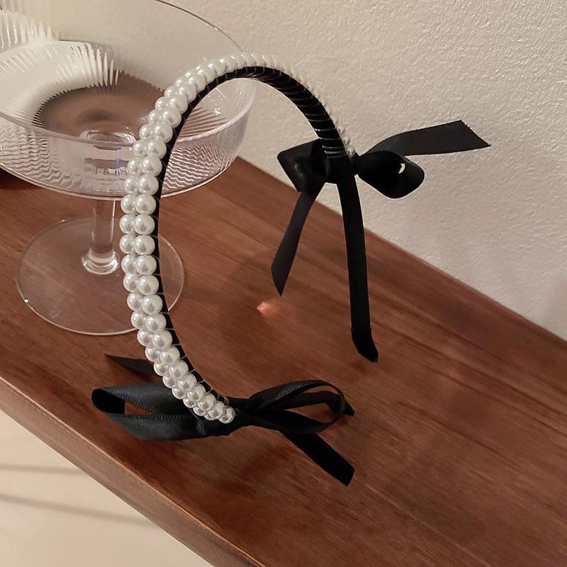 Vintage French Pearls Bow Hair Band For Women Girls Headband Korean Elegant Black Classic Hair Hoop Hair Accessories
