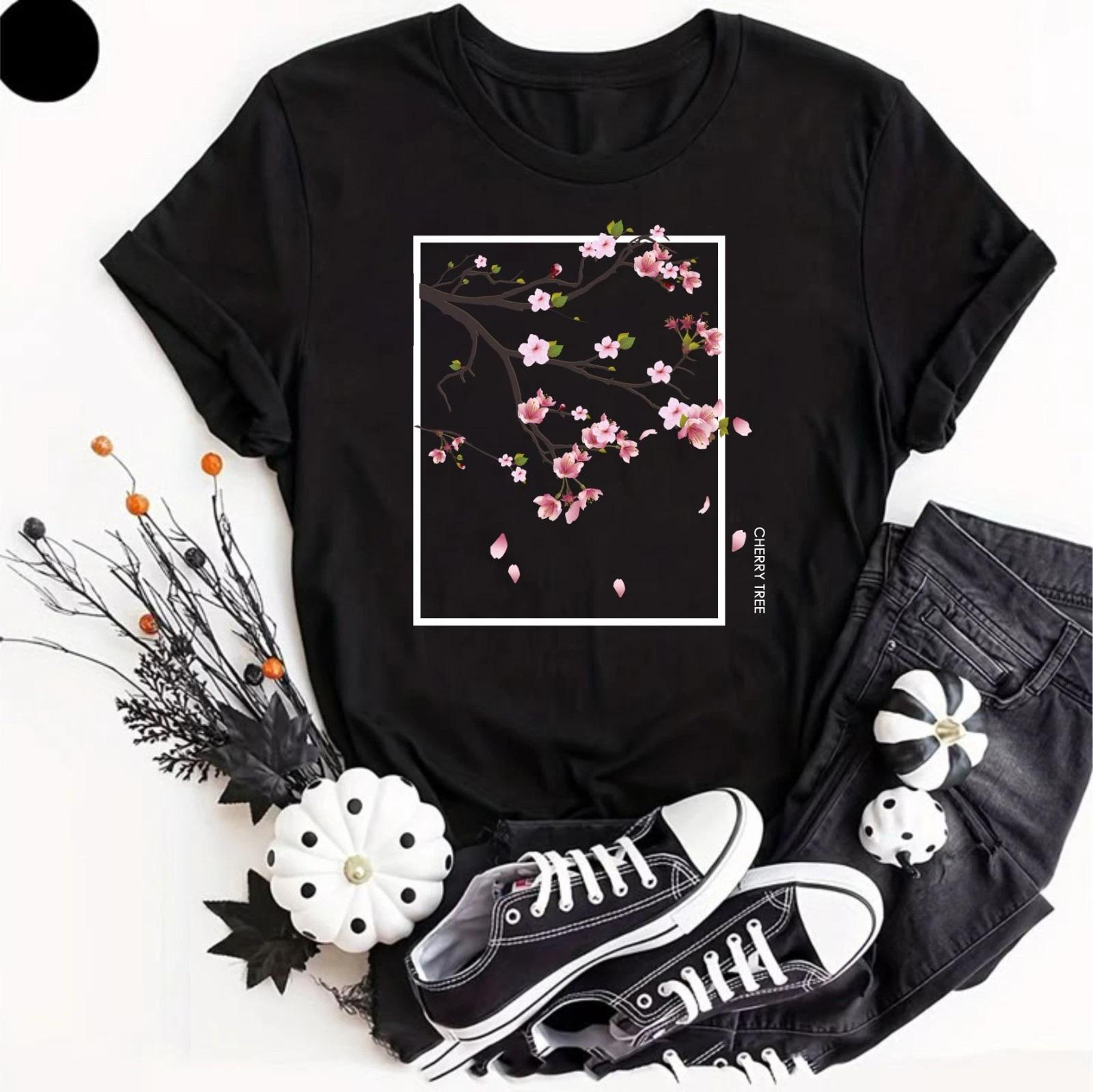 Cherry Blossom Graphic T- Shirt Novelty Flower Gifts Shirt Cute Pink Flower Women S