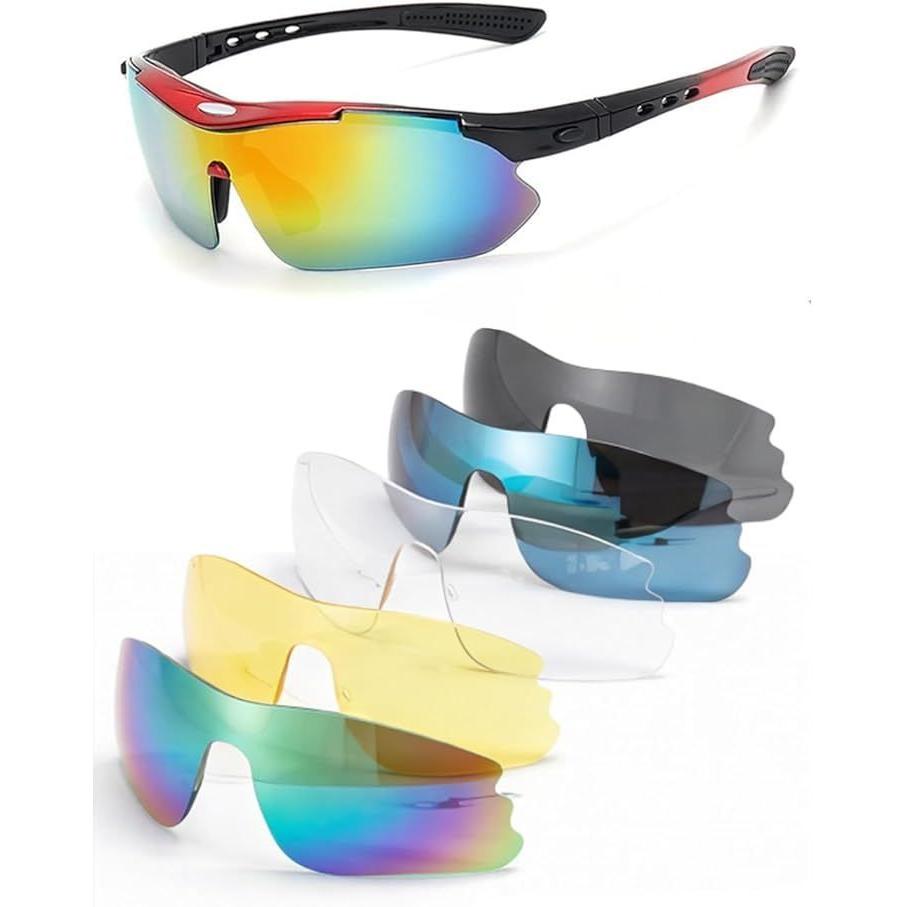 Used MO FACTORY Sports Sunglasses, Polarized Lenses, Set of 5 Interchangeable Lenses, UV400, Lightweight, For Running, Baseball, Driving, Road Bike,