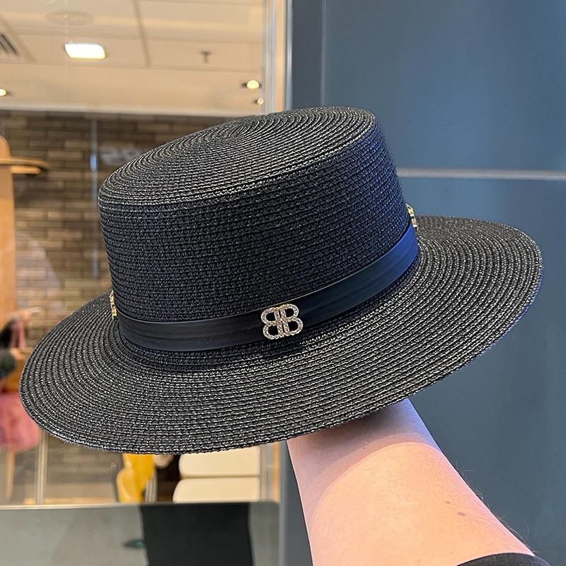 

Весна 2025 новая соломенная шляпа женская шляпа-цилиндр с буквой из стразов защита от солнца путешествия морской отдых соломенный козырек лето Adjustable чёрный
