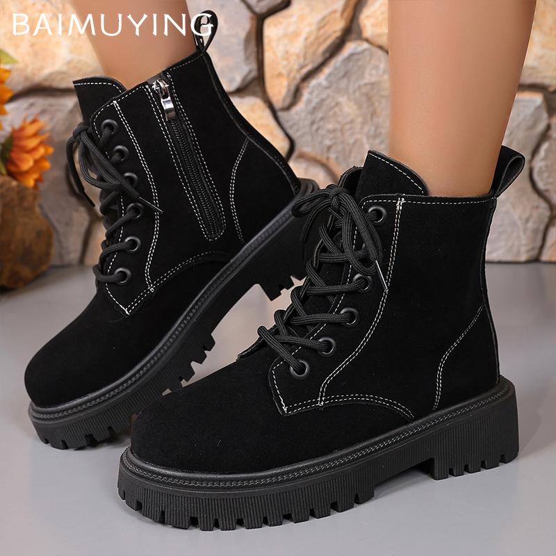 Suede Chunky Women Ankle Boots Retro Lace Up Mid Heels Shoes 2025 Trend New Designer Gladiator Winter Motorcycle Botas De Mujer