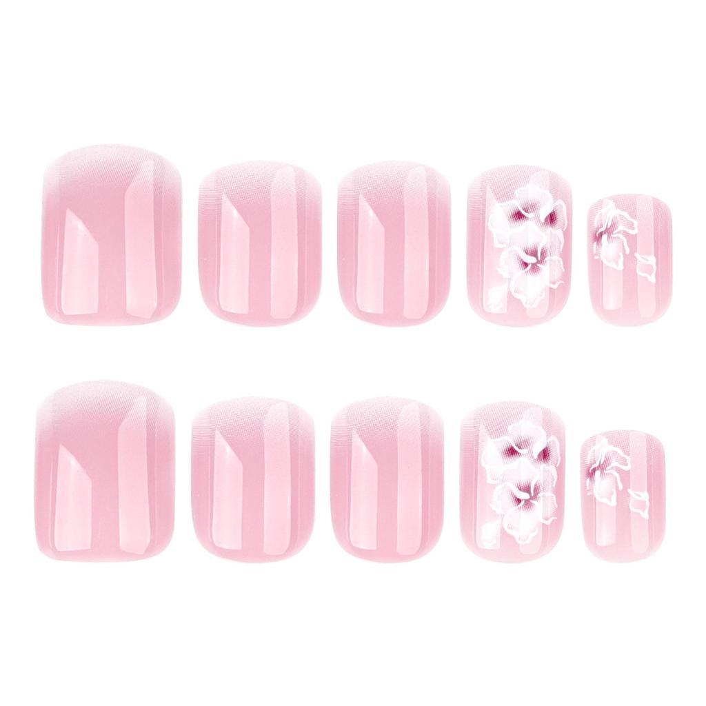 Square Press-On Nails - French Pink & White Gradient with Gentle Flower Design