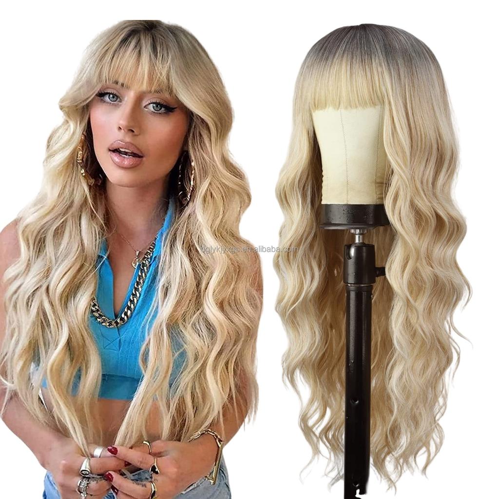 Hot Sales 26Inch Brown Mixed Blonde Wigs with Bangs for Women Wavy Curly Hair Heat Resistant Synthetic Fiber Wigs Women Hair