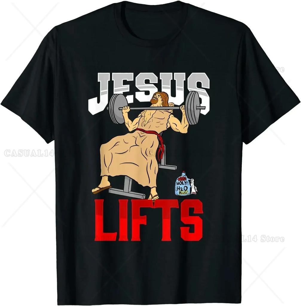 Jesus Lustig Gewichtheben Jesus Bodybuilder Groß O-Ausschnitt Baumwolle T-Shirt Herren Lässig Kurzarm