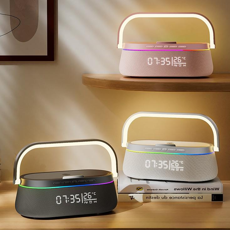 Multifunction Wireless Bluetooth Speaker with Charging, Desktop Clock, Alarm, Subwoofer, Night Light, and Stand