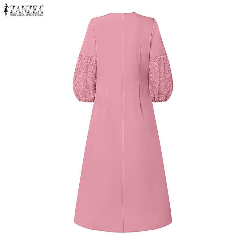 ZANZEA Women Casual V-Neck 3/4 Sleeve Loose Patchwork Embroidery Long Dress