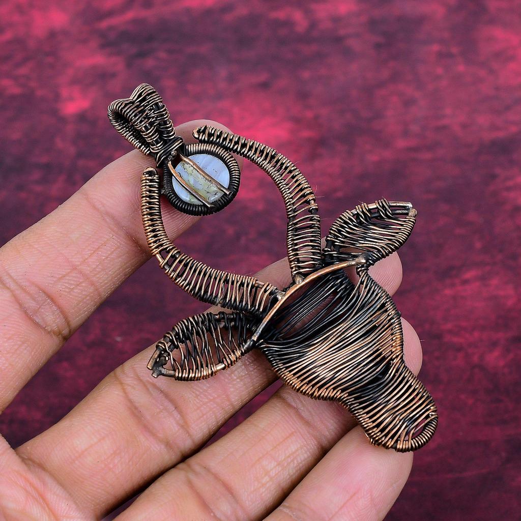 Blue Lace Agate Gemstone Pendant Copper Wire Wrapped Pendant Cow Face Jewelry