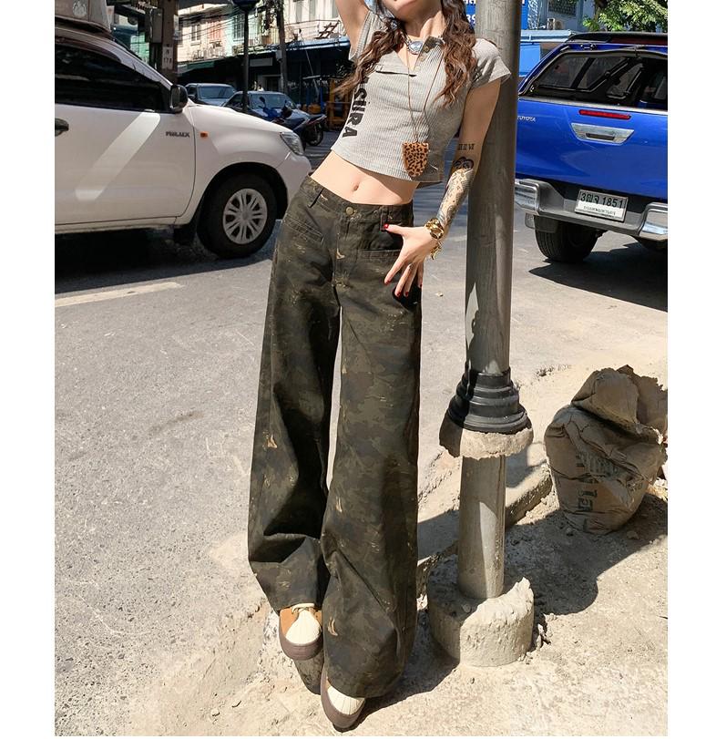 Damen Camouflage Cargo-Hose mit hoher Taille - Sommer 2025, Leicht, Schlankmachend, Lockerer gerader Schnitt Jeans