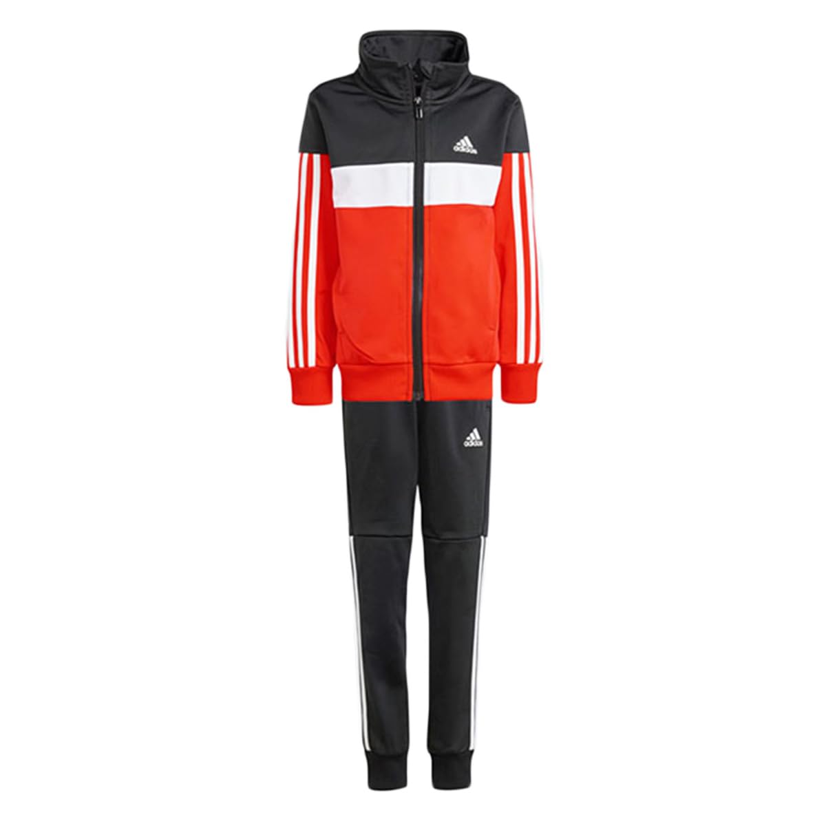 

Adidas Tiberio Color Block Shiny Tracksuit Set for J100 3-Stripes Kids, DTV02, Top Black/Bright Red/White, Bottom Black/White (IY1806)