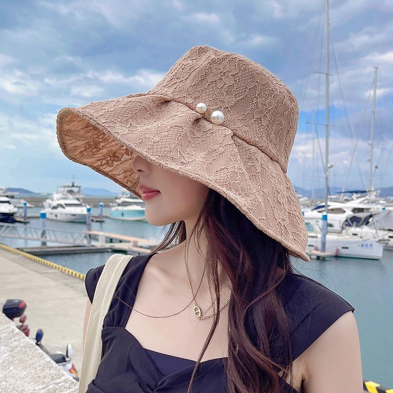 Big Edge Bucket Hat Women's Summer Sweet Tie Pearl Lace Flower UV anti-UV Sunshade Basin Hat