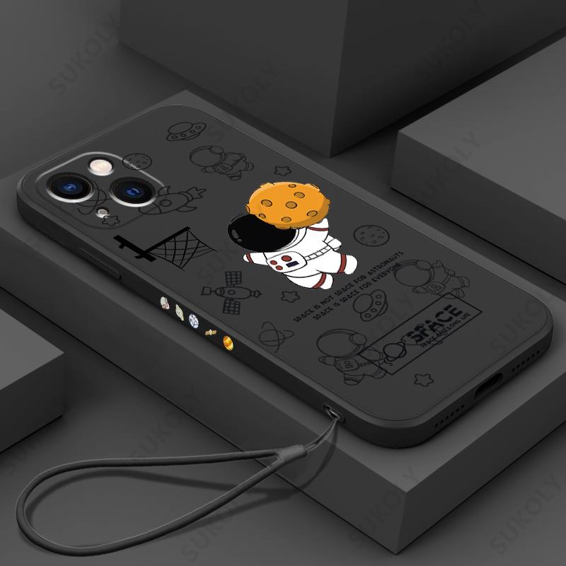 Cartoon Astronaut Silicone Case For iPhone 17e 16e 17 Pro 16 14 15 Pro Max Plus 13 11 12 Pro Shockproof TPU Lanyard Phone Cover