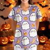 Loose Fit V Neck Short Sleeve Halloween Print Medical Scrub Top with Pockets for Women Comfortable Workwear for Healthcare Professionals