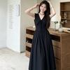 Hepburn Style Black V-neck Dress with Strap-up Summer New French Sleeveless Waist Temperament Slim Dress
