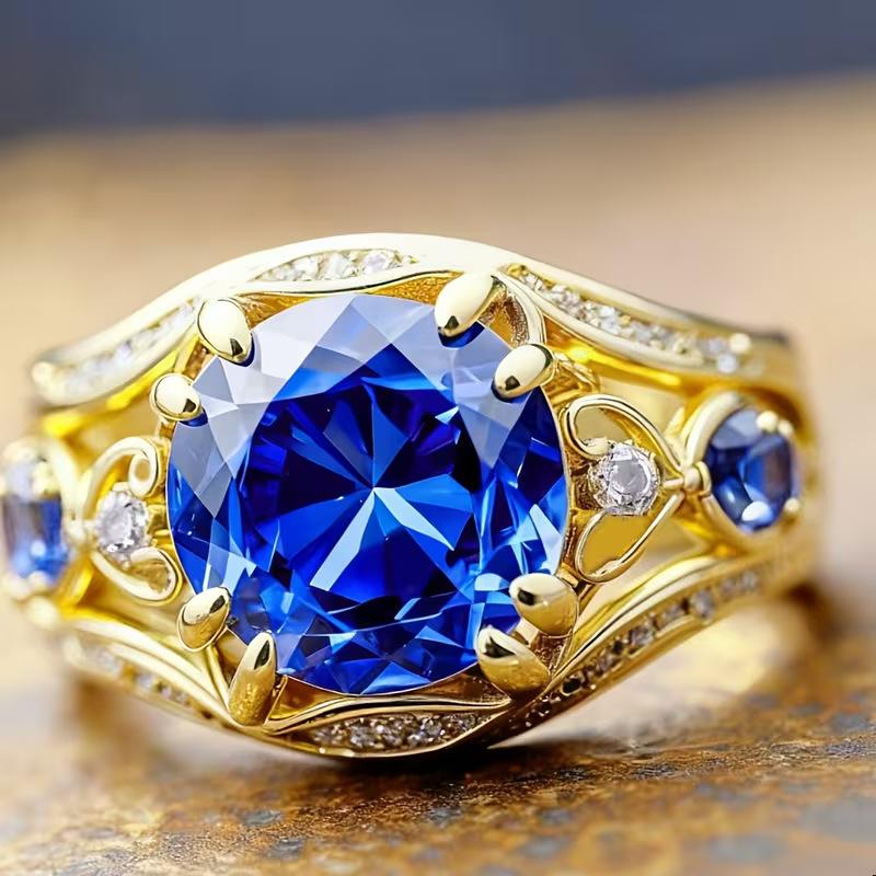 European and American New Fashion Retro Flower Shape Blue Zircon Inlaid Personalized Women's Ring
