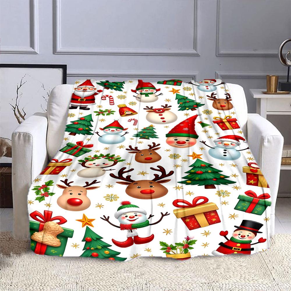 Christmas Snowmen, Santa, and Reindeer Scene Patterned flannel blanket perfect for the bedroom living room, sofa, or a little nap