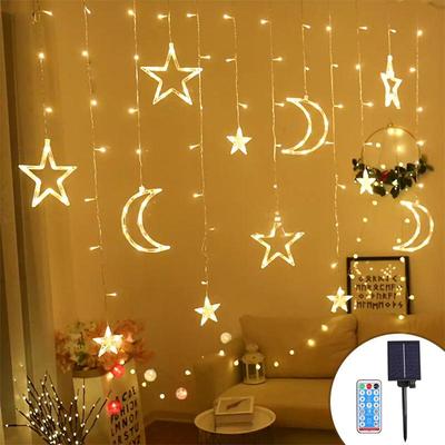 Solar LED Star & Moon Curtain Lights with Remote - Ideal for Camping, Room, Courtyard, and Holiday Decorations