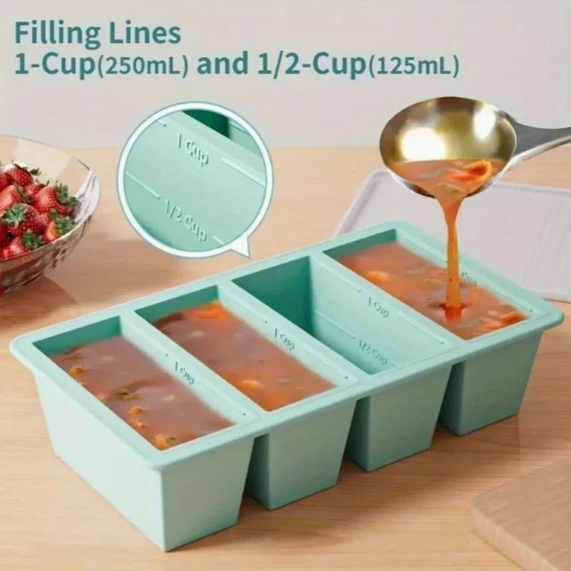 1PCS Giant Storage For Food Meal Sauce With Lid Silicone Freezer Trays Extra Large Soup Ice 4 Cubes Tray Food Freezing Molds