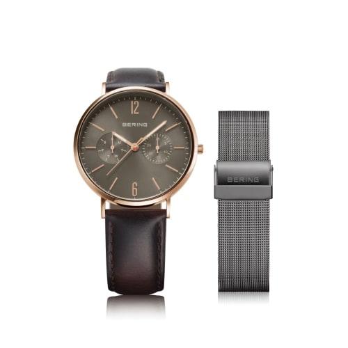 BERING Men's & Women's (Unisex) Watch, Japan Exclusive, Brown Calf Leather & Gray Stainless Steel with Two Mesh Straps, Sapphire Crystal, Changes, 142