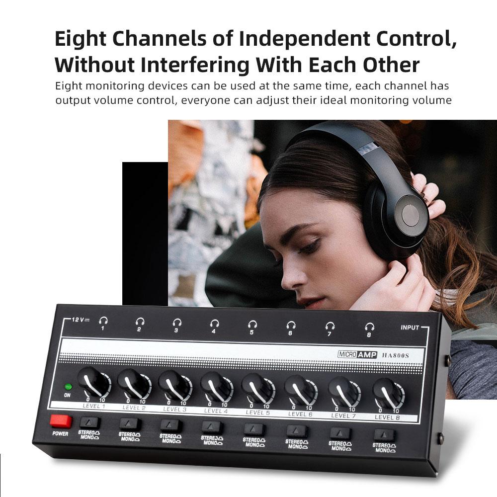 8 Channels Mini Headphone Amplifier Ultra-Compact Stereo Audio Amplifier with Power Adapter Earphone Splitter