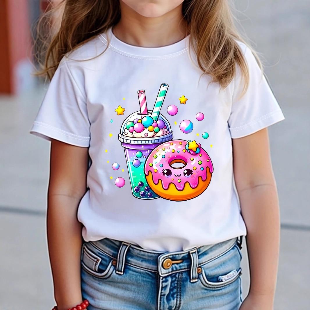 

Girls Casual Doughnut-pattern T-shirt for Summer, Fashionable Short-sleeved T-shirt for Children 13-14Y білий