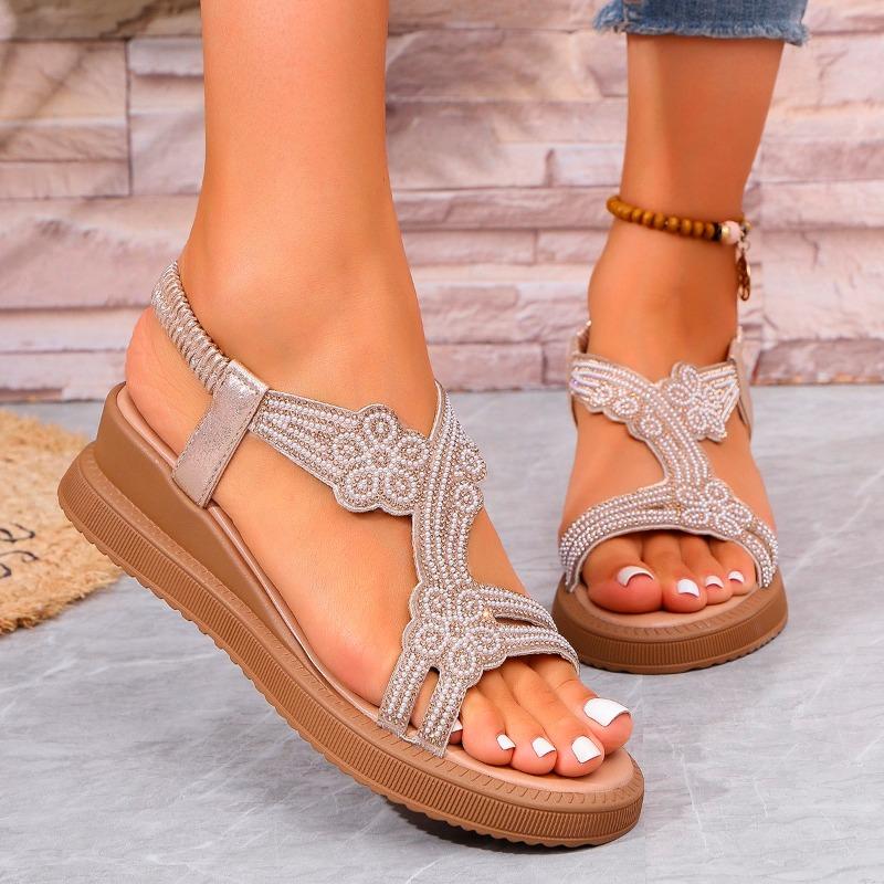 Fashion 2025 NEW Women's Large Size Sandals Open Toe Beachwear Spring New Flat Bottom Flower Crystal Roman Shoes for Adults