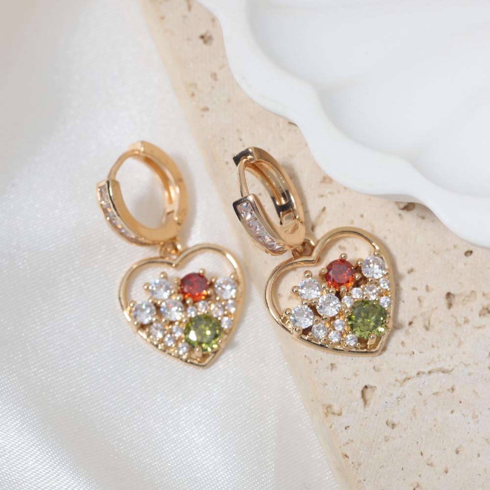 1 Pair Luxury Colorful Heart Shape Zirconia Dangle  Earrings for Women Golden Earring Jewelry Party Accessories