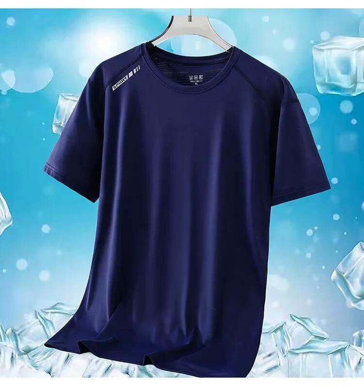Camiseta masculina de verão com gola redonda, plus size, seda gelada, esportes ao ar livre e lazer, secagem rápida, manga curta, cor sólida