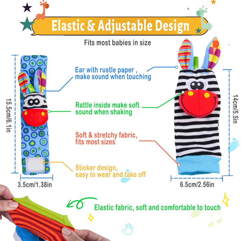 TYRY.HU 4Pcs Baby Toy 0-12 Months Baby Rattles Toys Animal Socks Wrist Strap + Rattle Baby Foot Socks Bug Wrist Strap Baby Socks