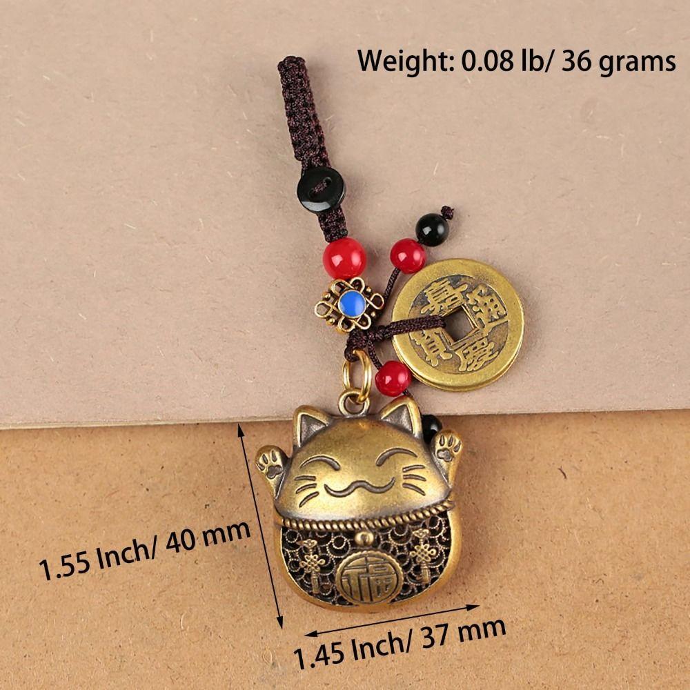 Lucky Cat Brass Keychain Maneki Neko Feng Shui Coins Car Keyring Lucky Tassel with Five Emperors Money Waist Keychain Gift