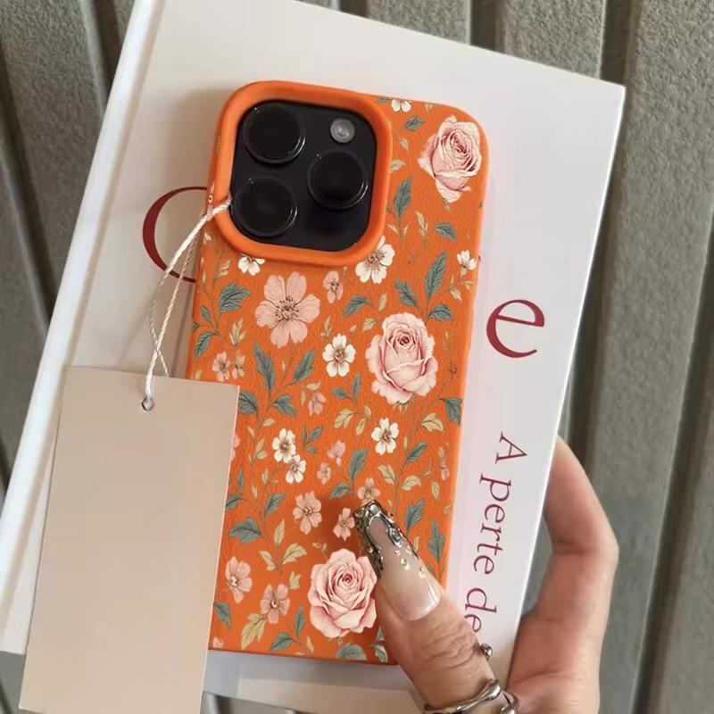 

Чехол для телефона в винтажном деревенском стиле с цветами для iPhone 17 Pro Max 16 Plus 15 Pro 14 13 12 11 XR 17Air Мягкий чехол с текстурой личи iPhone XS Max оранжевый