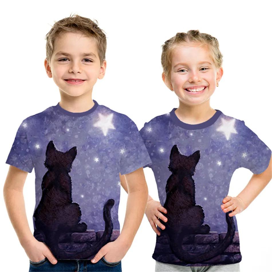 Children's Clothing Boy Girl Short Sleeve Children Summer Clothes 3D Cat Print Lovely Black T-Shirt 2024 Kids Clothes Girl Tops