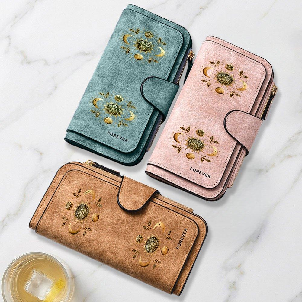 Gold Sun and Moon Star Print Long Wallet Multifunctional Portable Coin Purse with Clasp Suitable for Daily Commuting Large Capacity Clutch Bag Fun