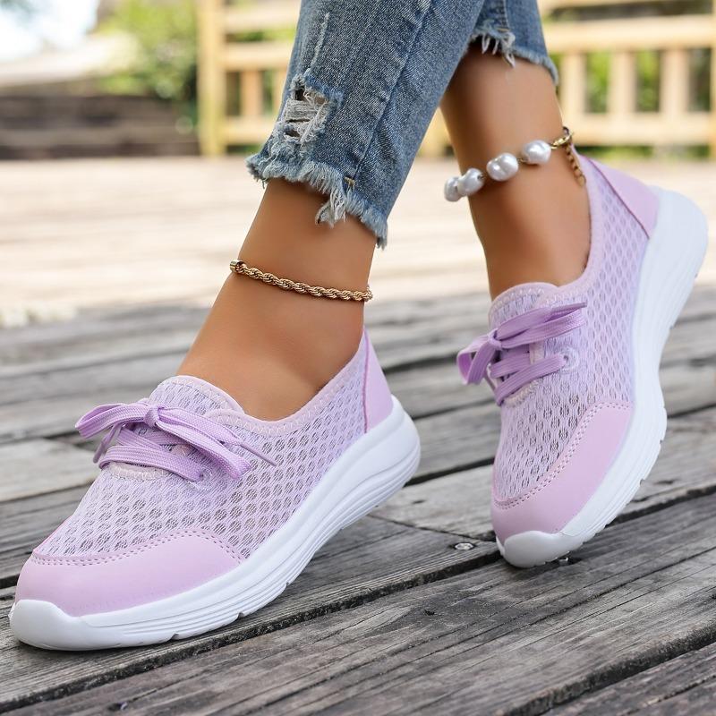 Casual Flat Sneakers Fall New Round Toe Deep Mouth Spliced Mesh Breathable Lace-Up Soft Sole Non-Slip Sneakers